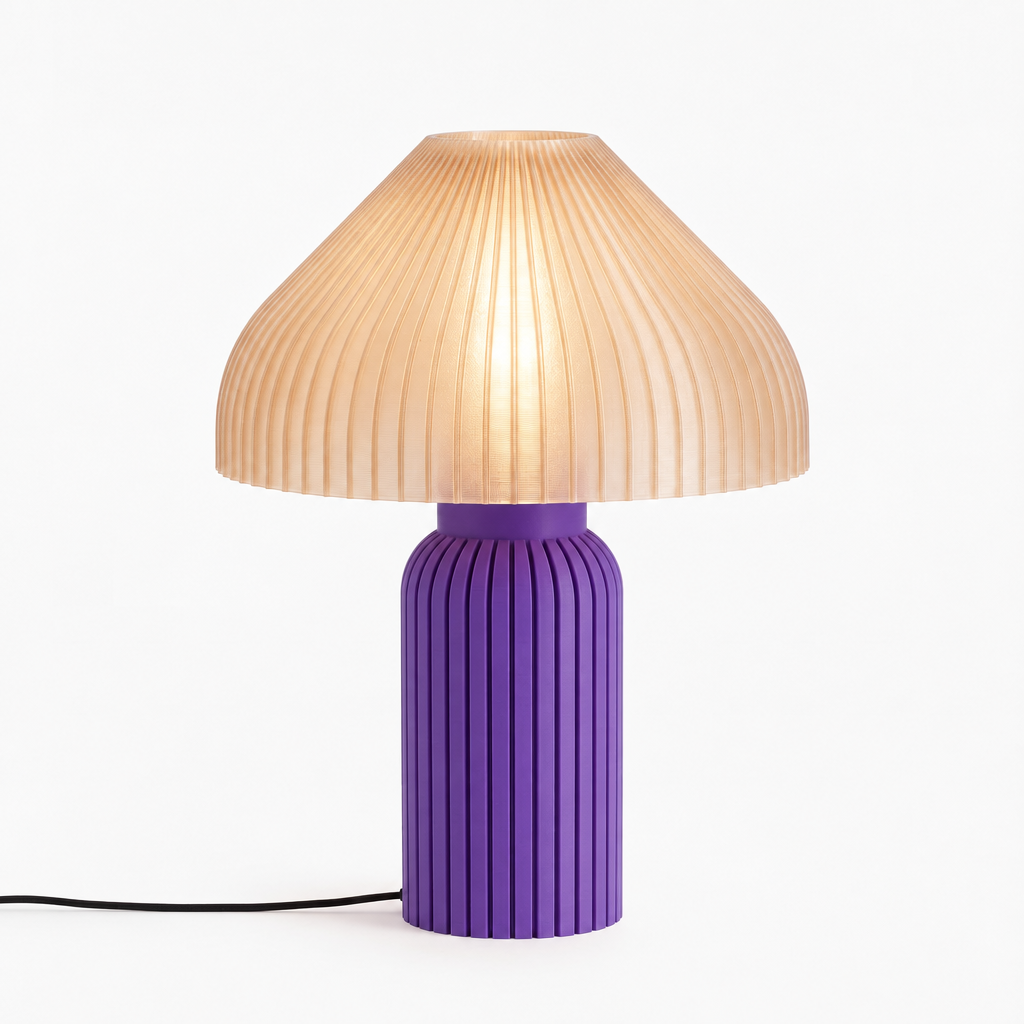 Chanterelle mushroom lamp with Purple base and Stardust Champagne shade
