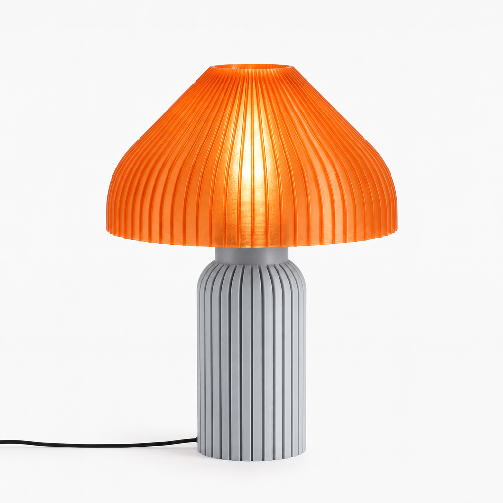 Chanterelle mushroom lamp with Silver base and Supernova Orange shade