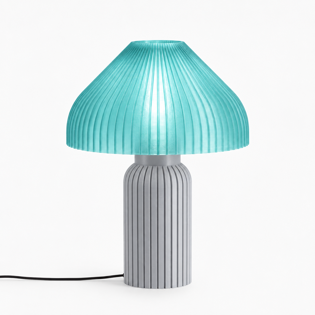 Chanterelle mushroom lamp with Silver base and Astro Aqua shade