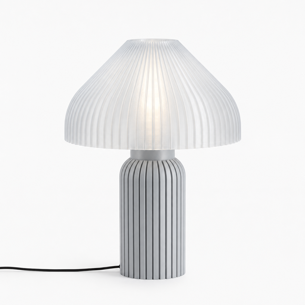 Chanterelle mushroom lamp with Silver base and Lunar Clear Frost shade