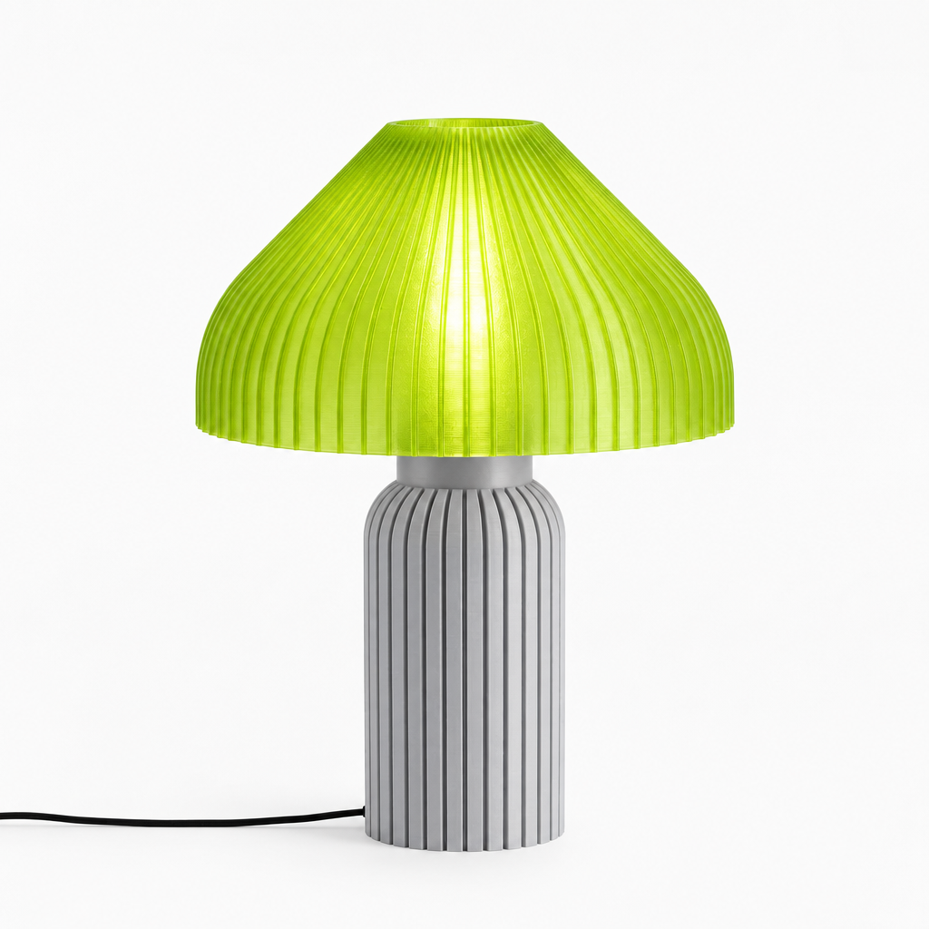 Chanterelle mushroom lamp with Silver base and Radioactive Lime shade