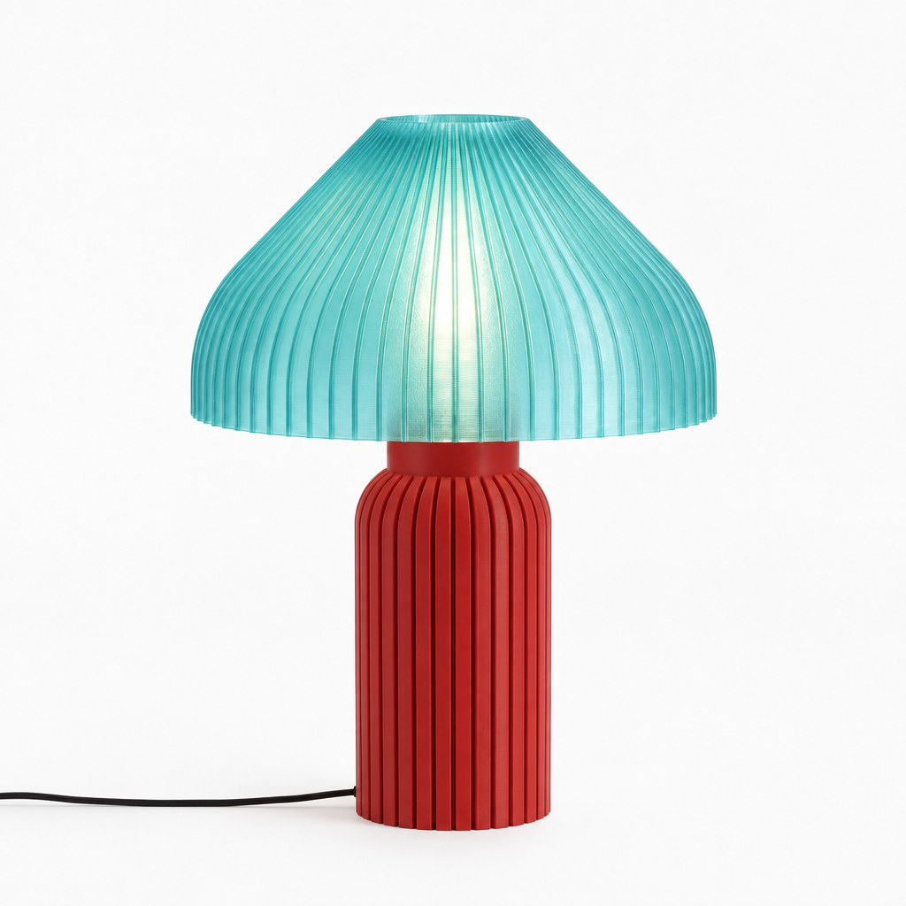 Chanterelle mushroom lamp with Red base and Astro Aqua shade