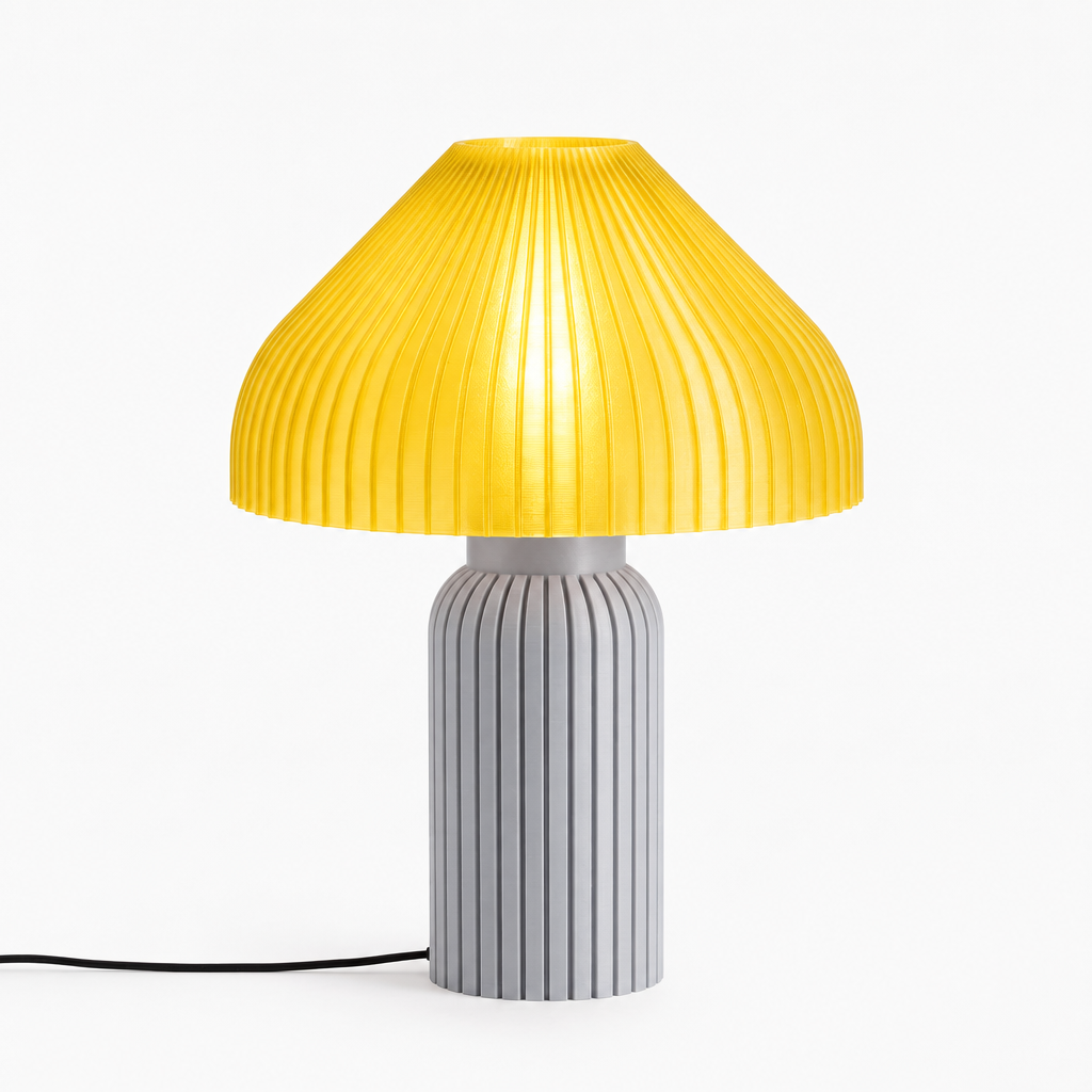 Chanterelle mushroom lamp with Silver base and Solar Flare Yellow shade