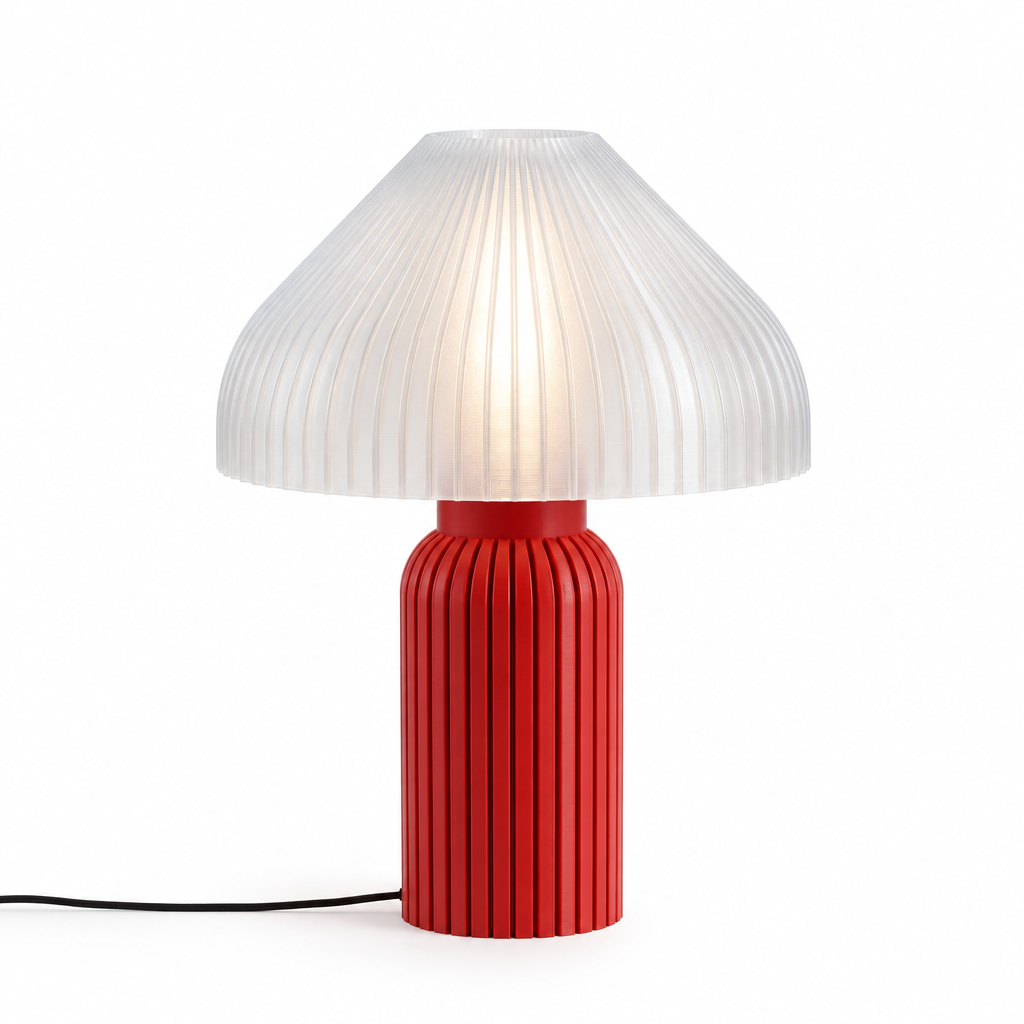 Chanterelle mushroom lamp with Red base and Lunar Clear Frost shade