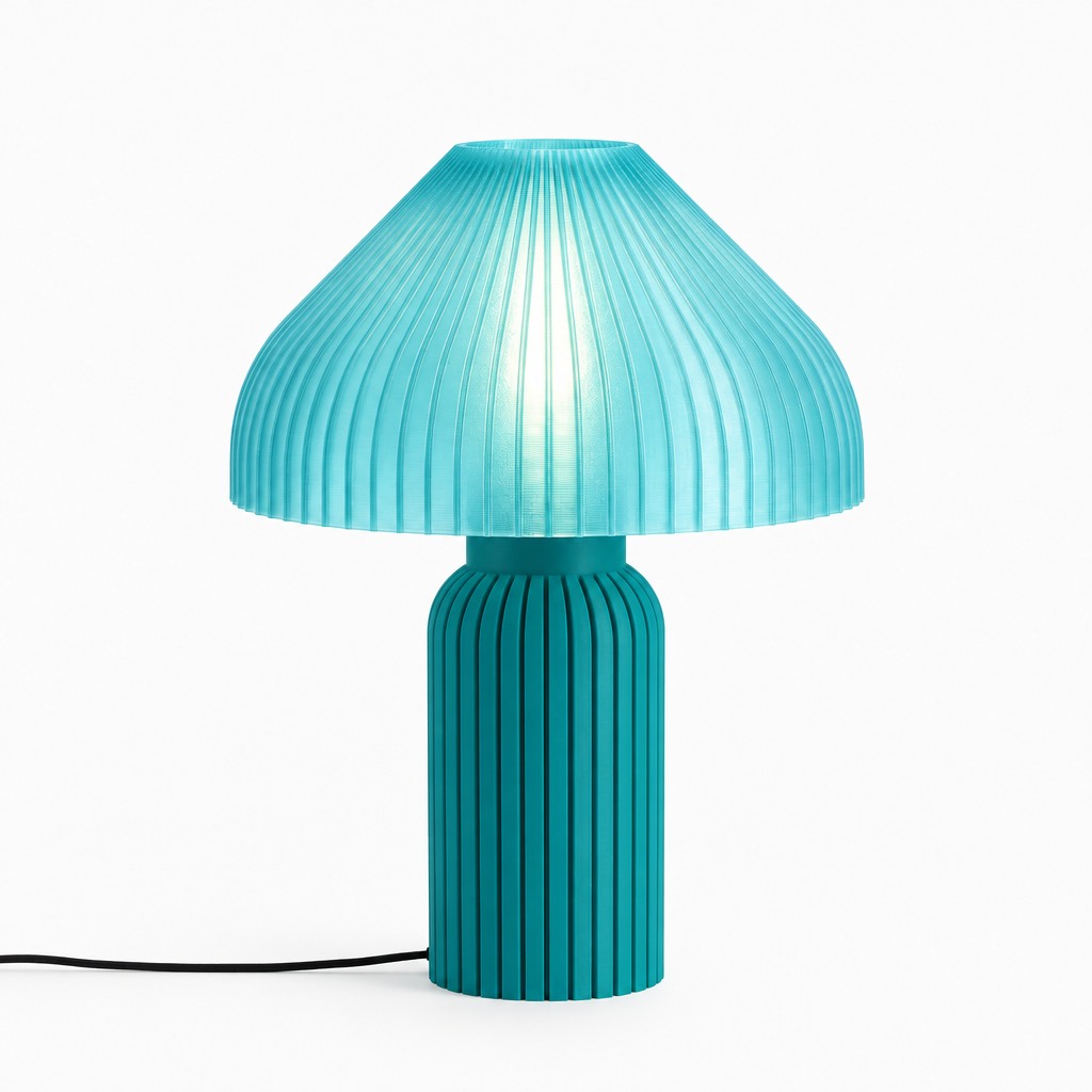 Chanterelle mushroom lamp with Teal base and Astro Aqua shade