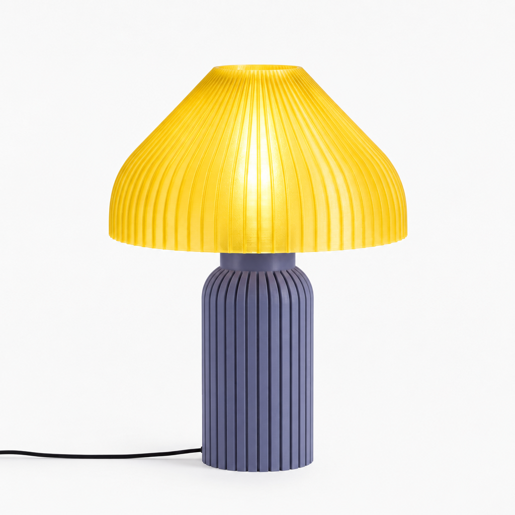 Chanterelle mushroom lamp with Titanium base and Solar Flare Yellow shade