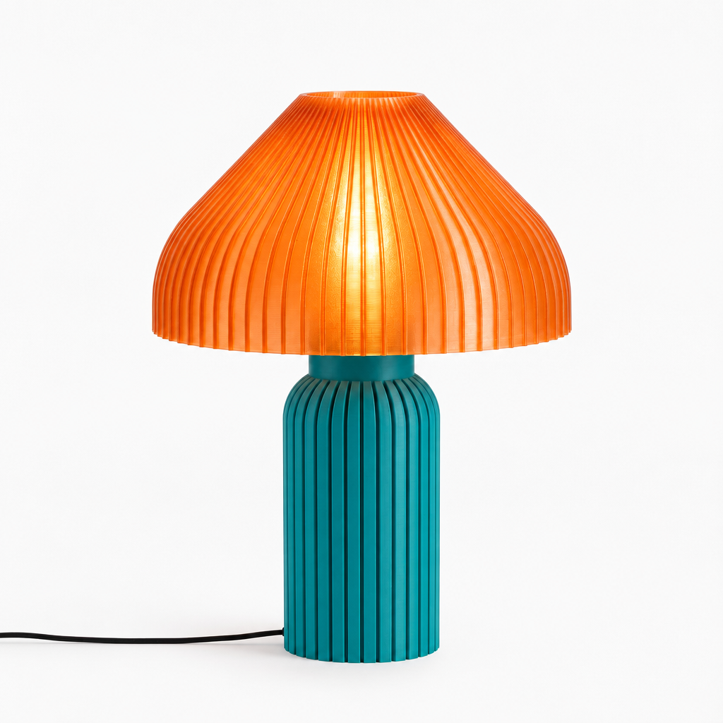 Chanterelle mushroom lamp with Teal base and Supernova Orange shade