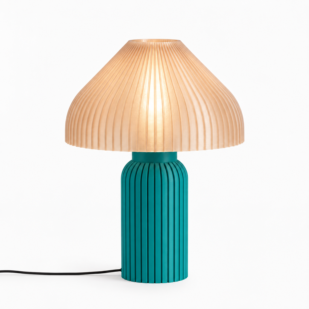 Chanterelle mushroom lamp with Teal base and Stardust Champagne shade