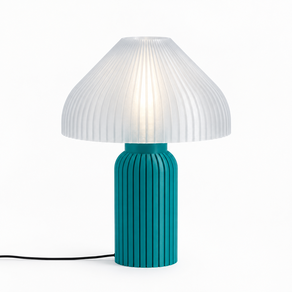Chanterelle mushroom lamp with Teal base and Lunar Clear Frost shade
