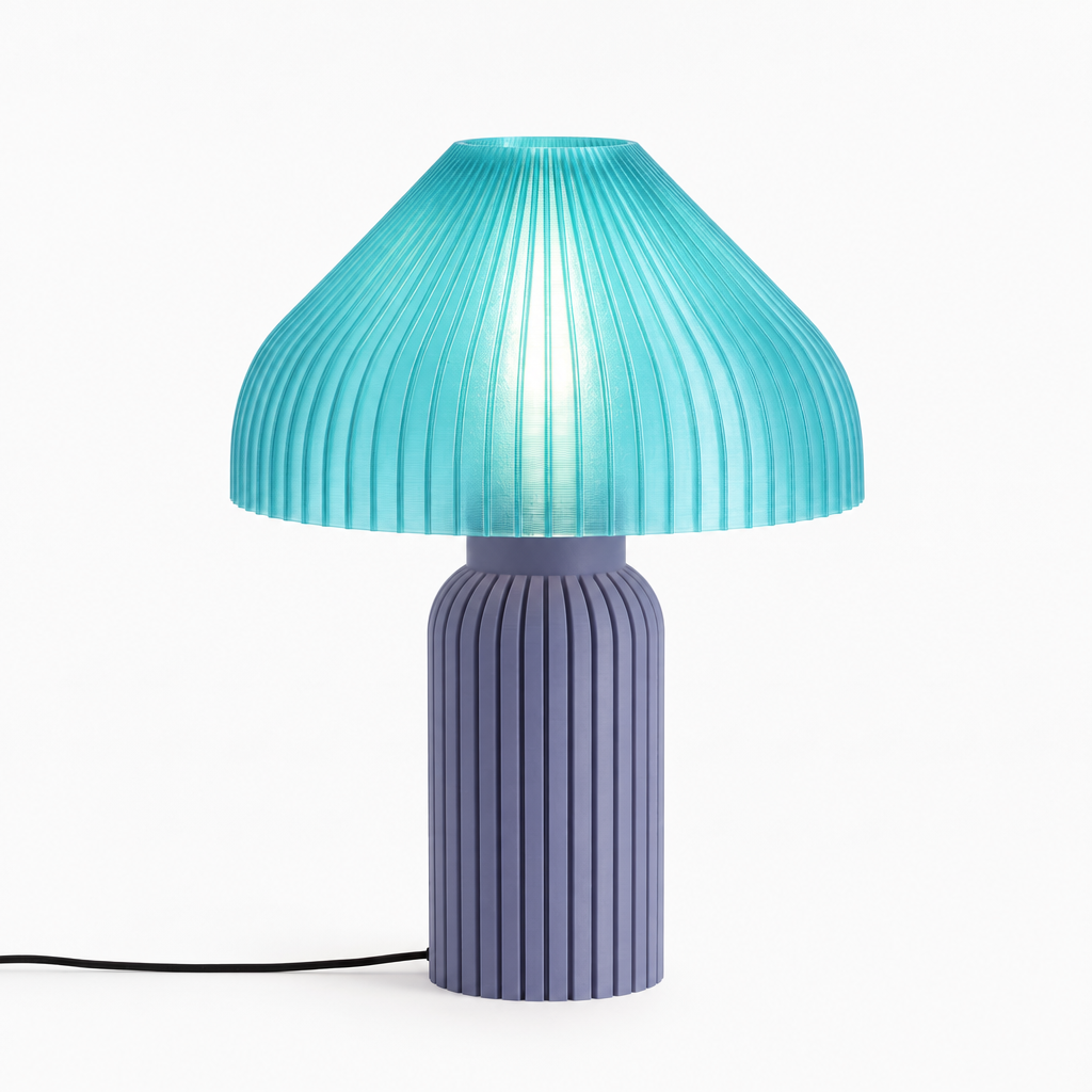 Chanterelle mushroom lamp with Titanium base and Astro Aqua shade