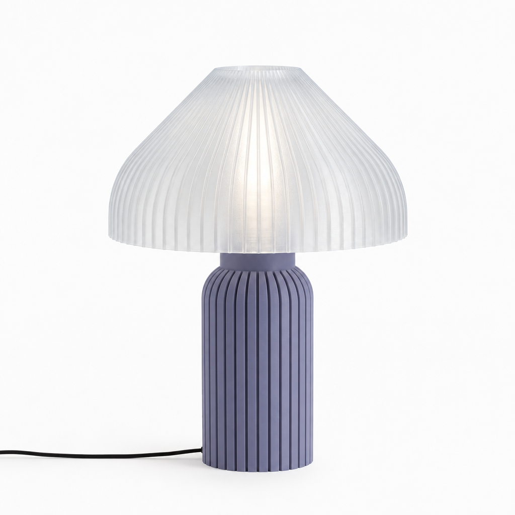 Chanterelle mushroom lamp with Titanium base and Lunar Clear Frost shade