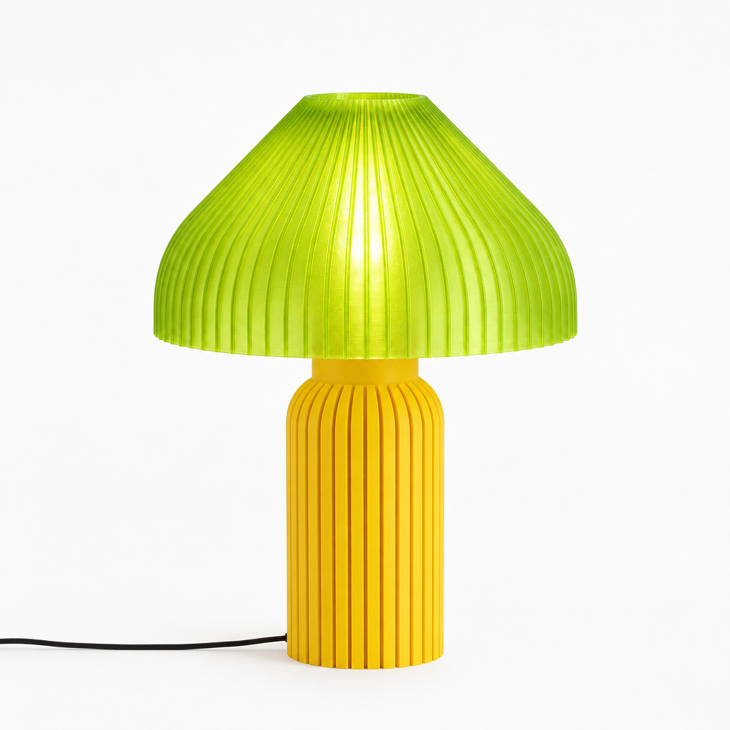 Chanterelle mushroom lamp with Yellow base and Radioactive Lime shade