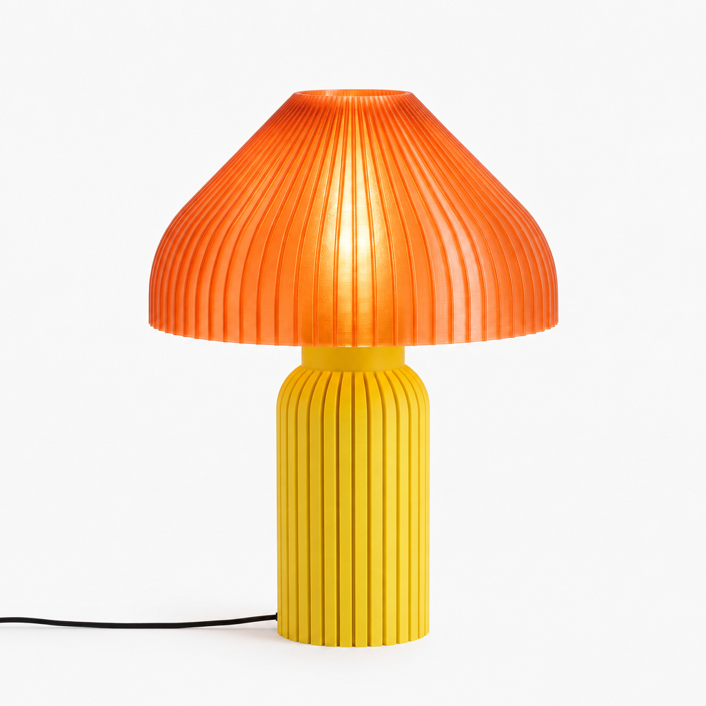 Chanterelle mushroom lamp with Yellow base and Supernova Orange shade