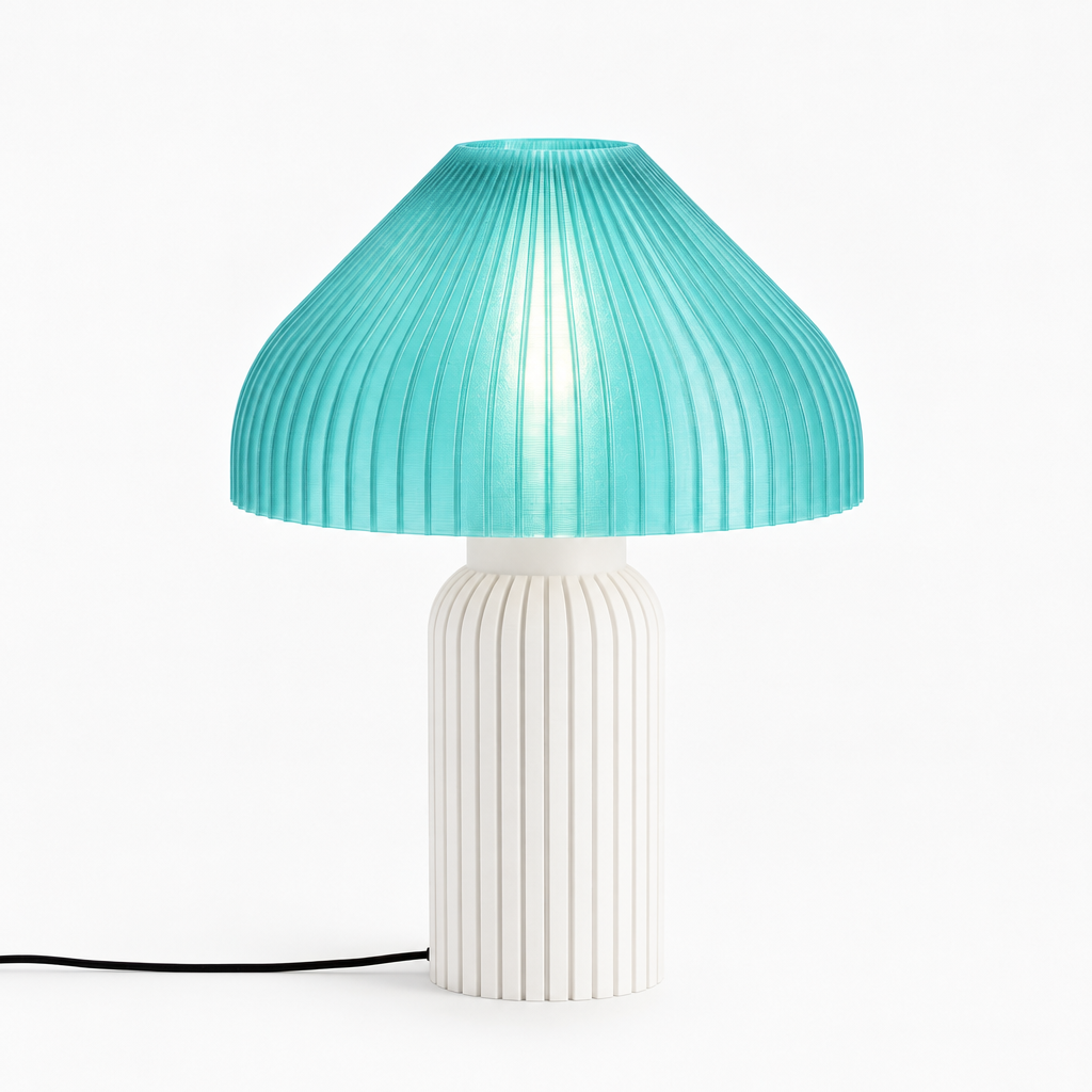 Chanterelle mushroom lamp with White base and Astro Aqua shade