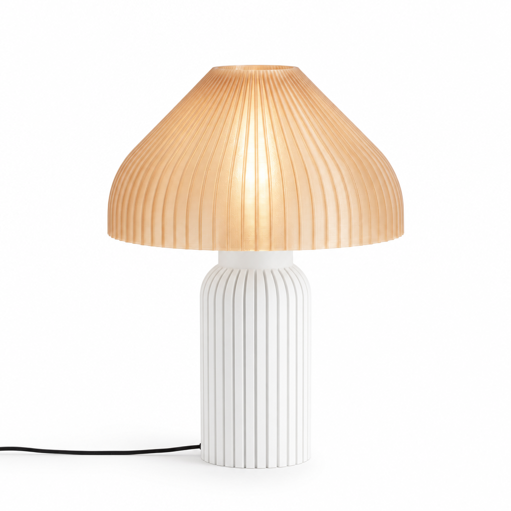 Chanterelle mushroom lamp with White base and Stardust Champagne shade