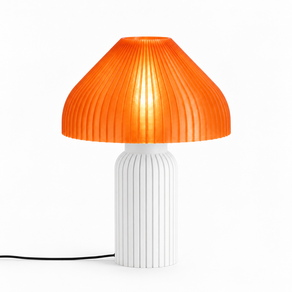Chanterelle mushroom lamp with White base and Supernova Orange shade