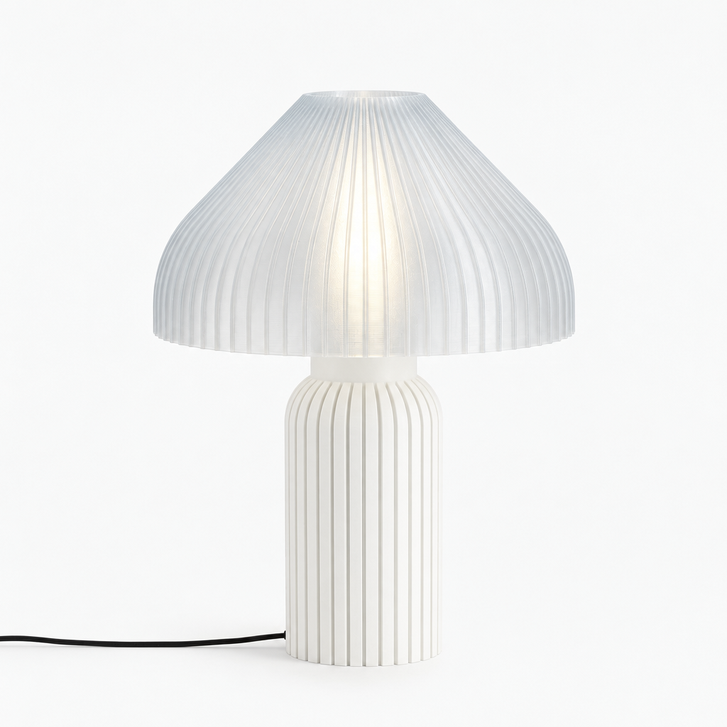 Chanterelle mushroom lamp with White base and Lunar Clear Frost shade