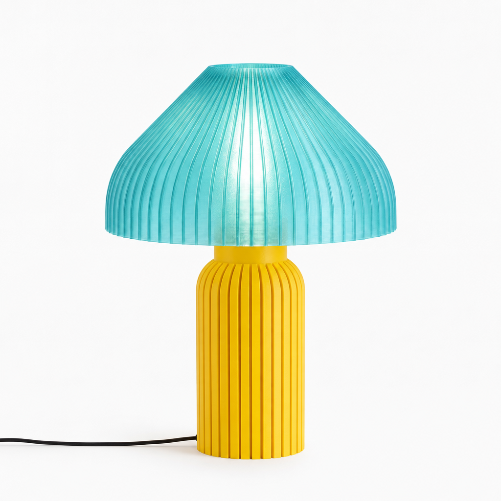 Chanterelle mushroom lamp with Yellow base and Astro Aqua shade