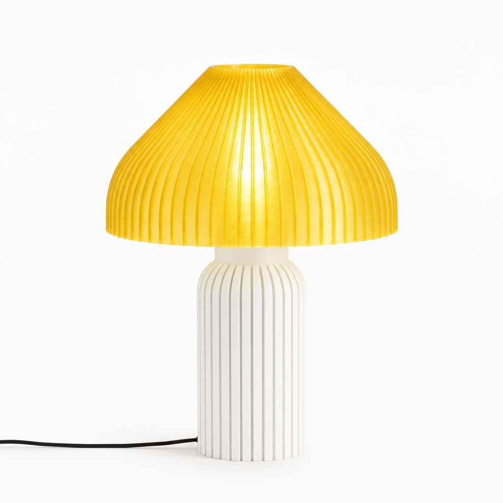 Chanterelle mushroom lamp with White base and Solar Flare Yellow shade