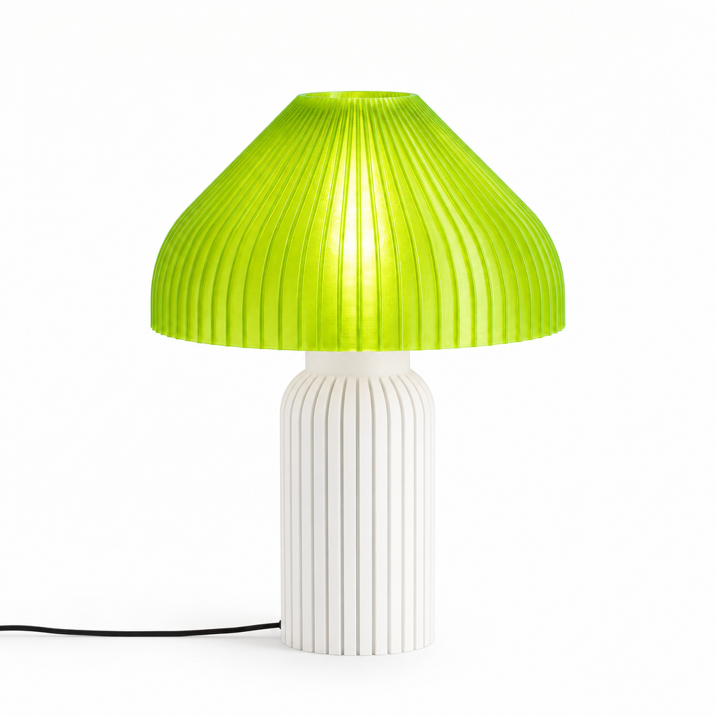 Chanterelle mushroom lamp with White base and Radioactive Lime shade