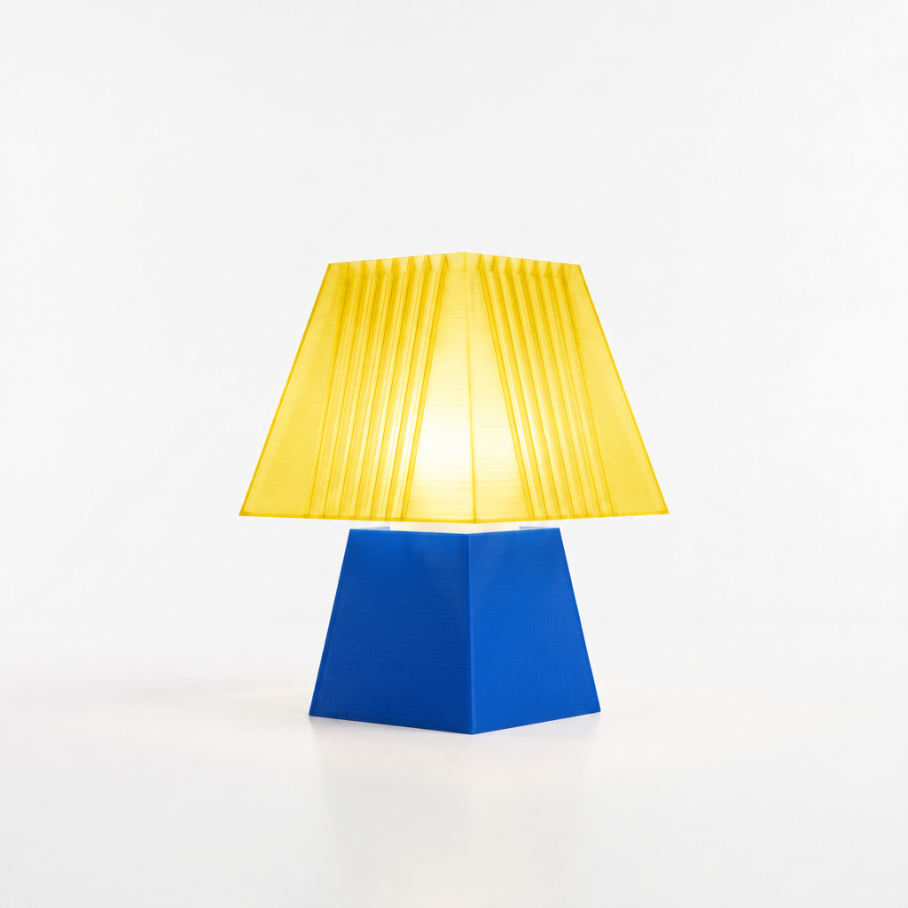 Soloarique mini table lamp with Blue base and Solar Flare Yellow shade