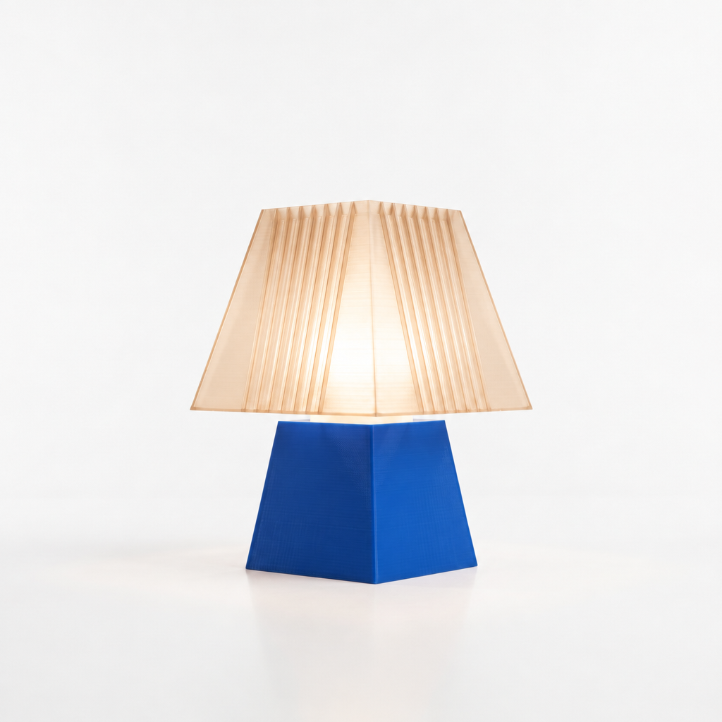 Soloarique mini table lamp with Blue base and Stardust Champagne shade