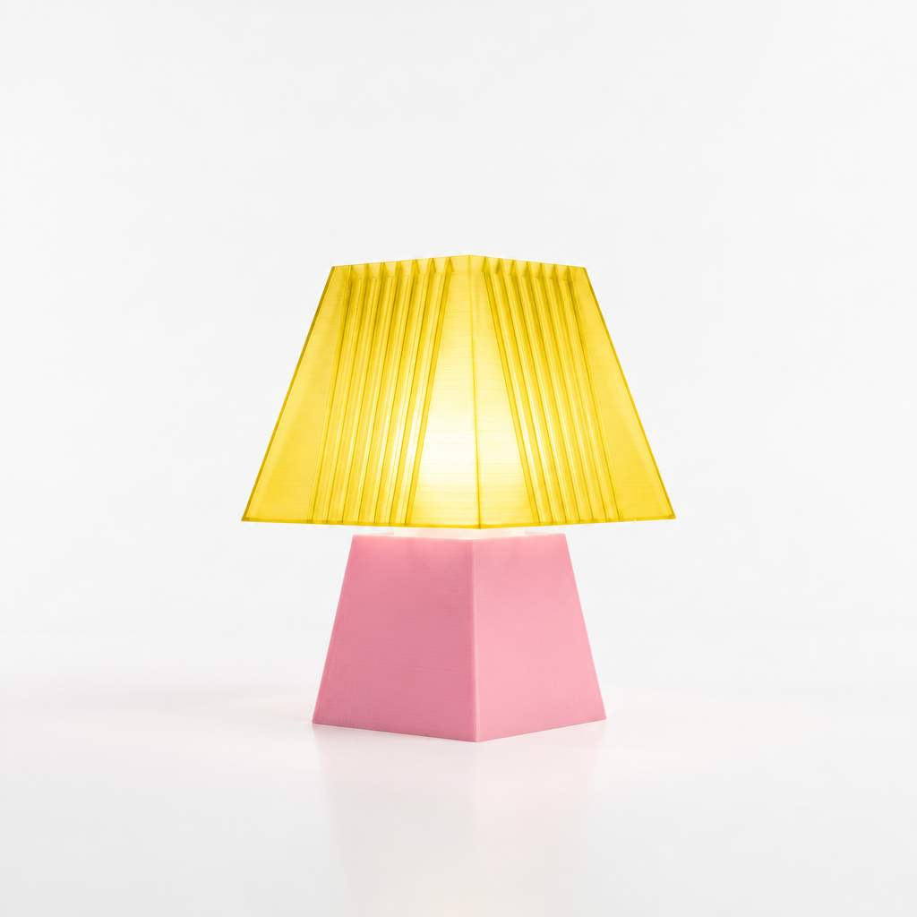 Soloarique mini table lamp with Pink base and Solar Flare Yellow shade