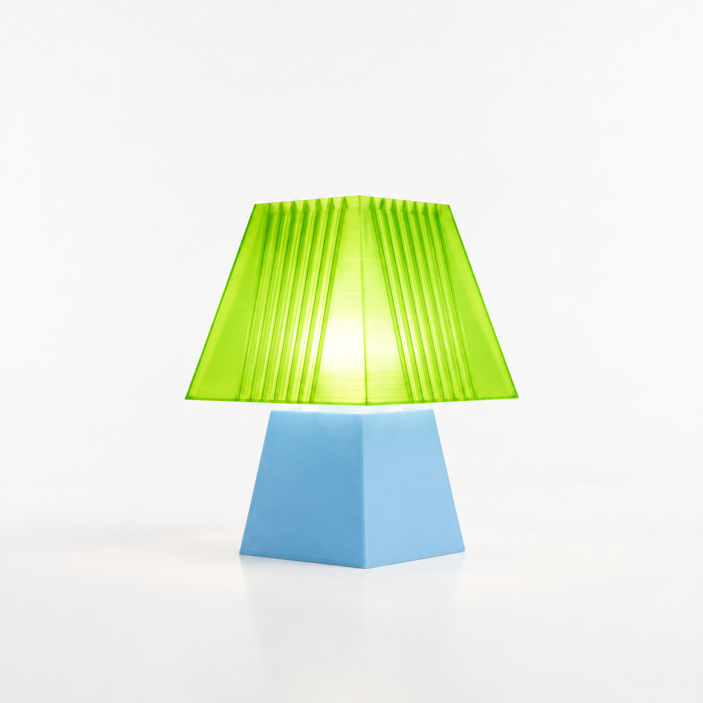 Soloarique mini table lamp with Light Blue base and Radioactive Lime shade