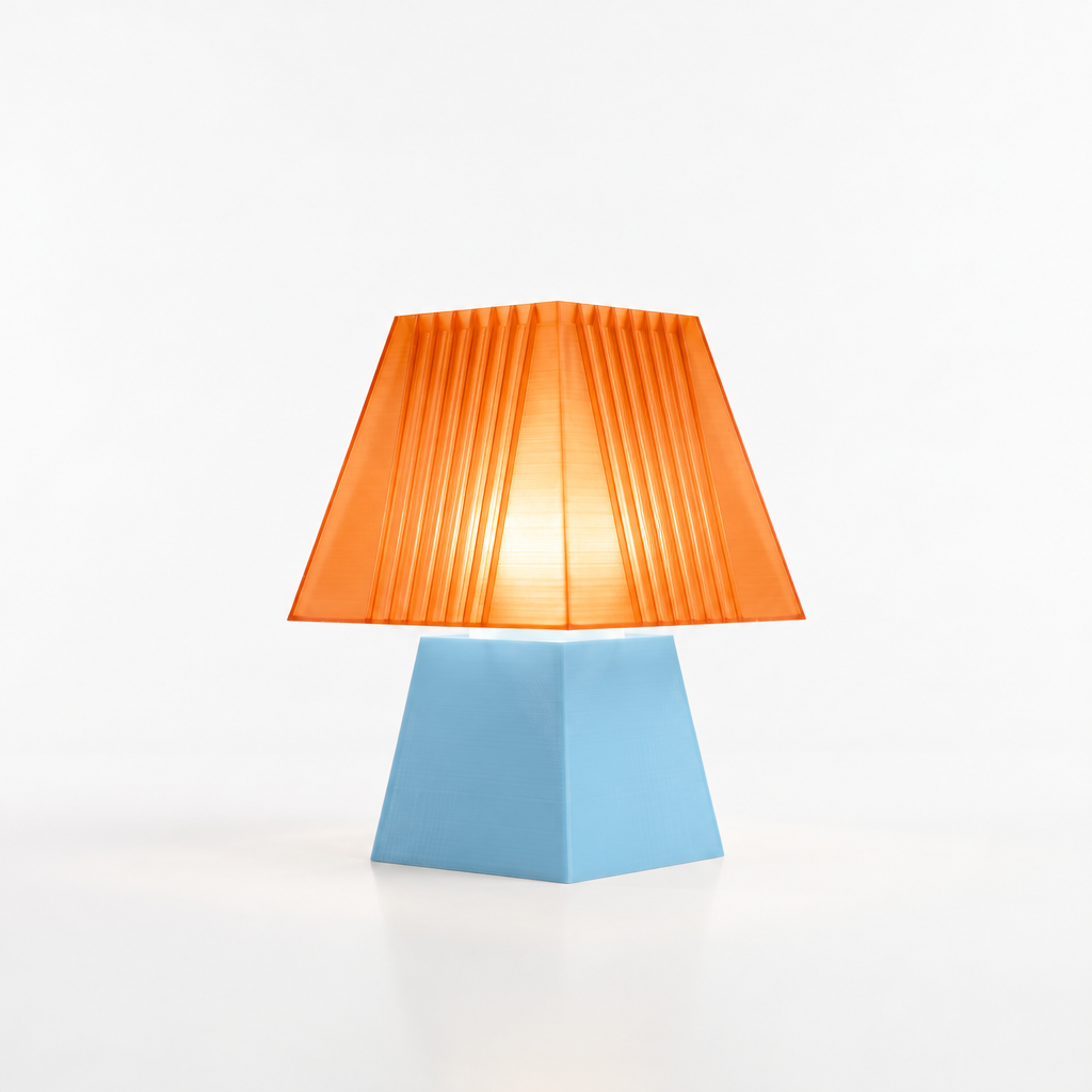 Soloarique mini table lamp with Light Blue base and Supernova Orange shade