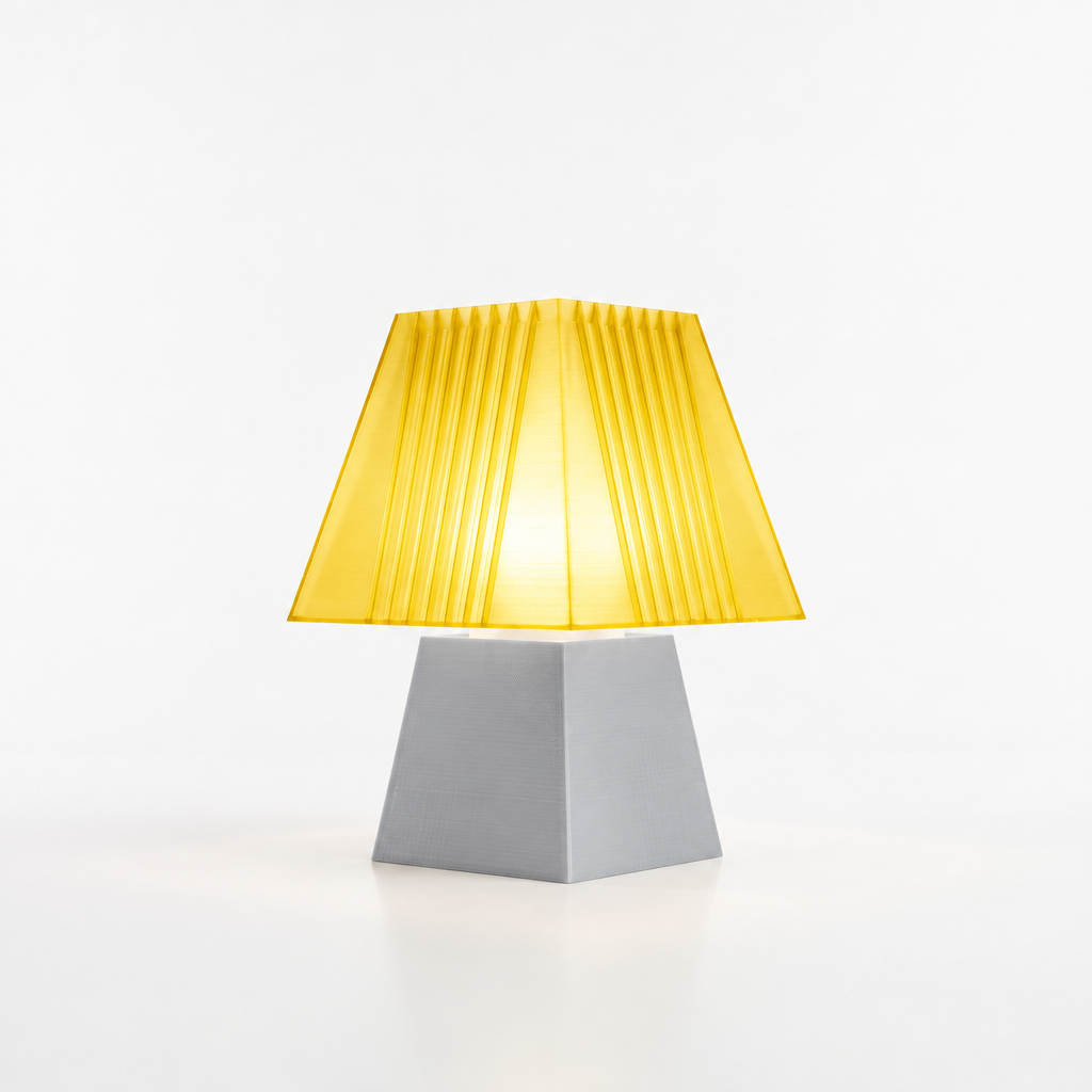 Soloarique mini table lamp with Silver base and Solar Flare Yellow shade