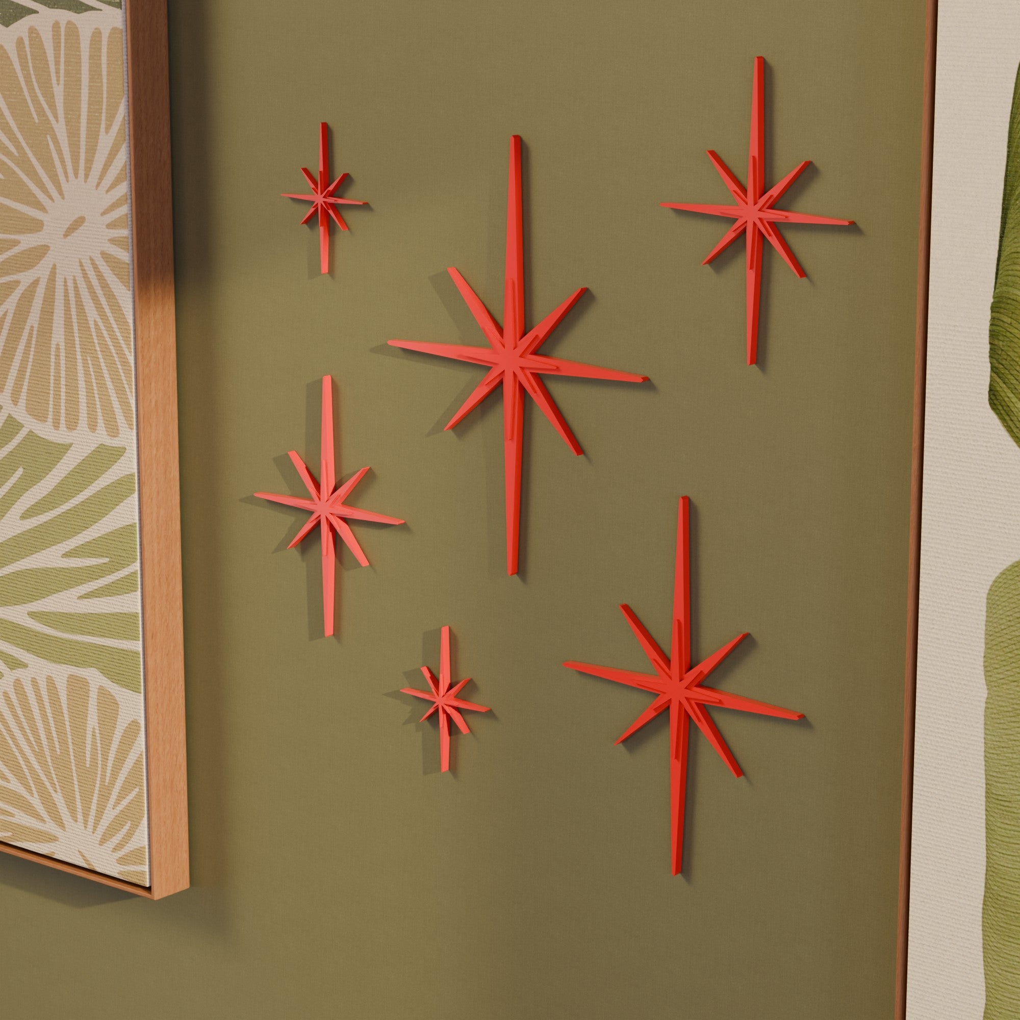 Mini Elongated Mid Century Modern Starbursts Wall Decor Set of 6