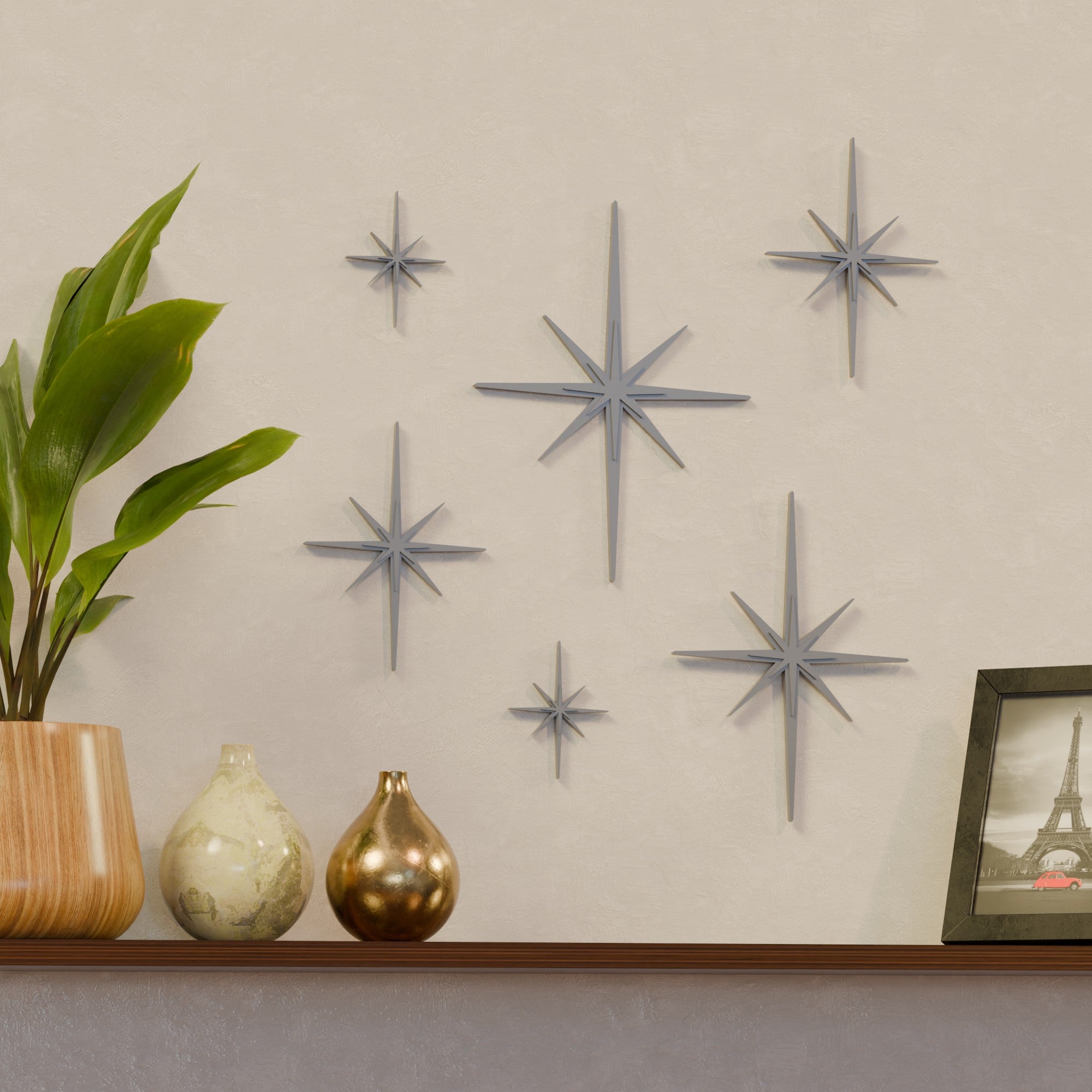 Mini Elongated Mid Century Modern Starbursts Wall Decor Set of 6