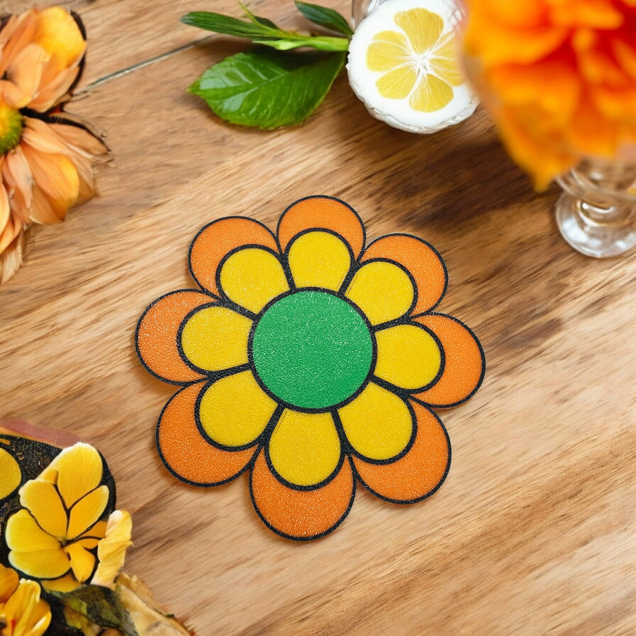 Groovy 1960s 70s Flower Power Coaster Set of 4 with Holder