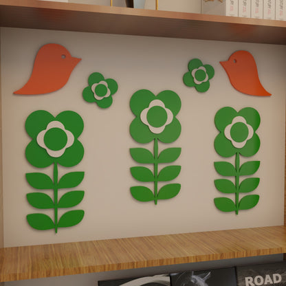 Retro 1970s Inspired Flower Power Bird Wall Decor Set