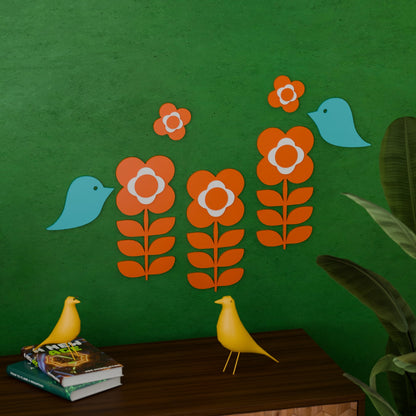 Retro 1970s Inspired Flower Power Bird Wall Decor Set