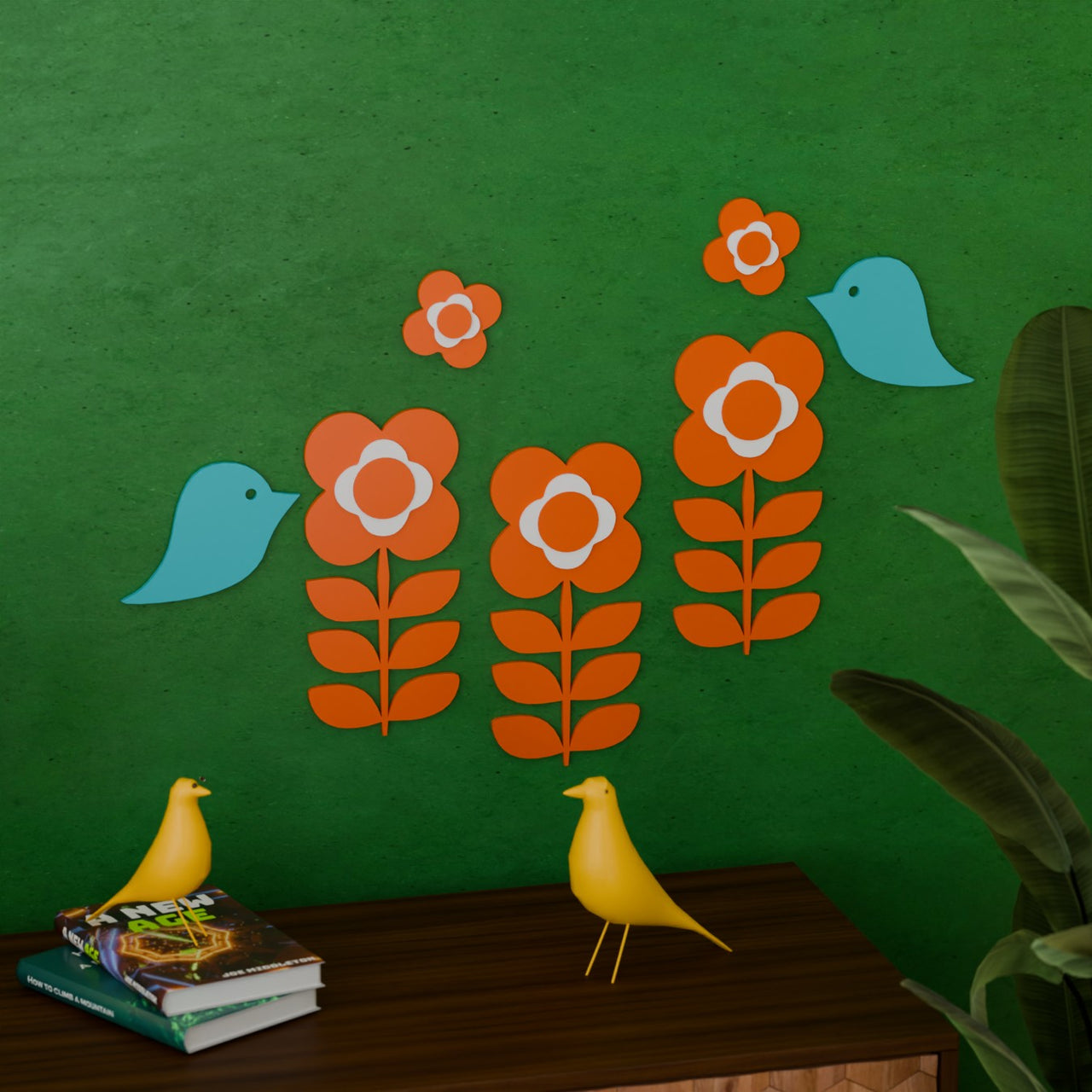 Retro 1970s Inspired Flower Power Bird Wall Decor Set