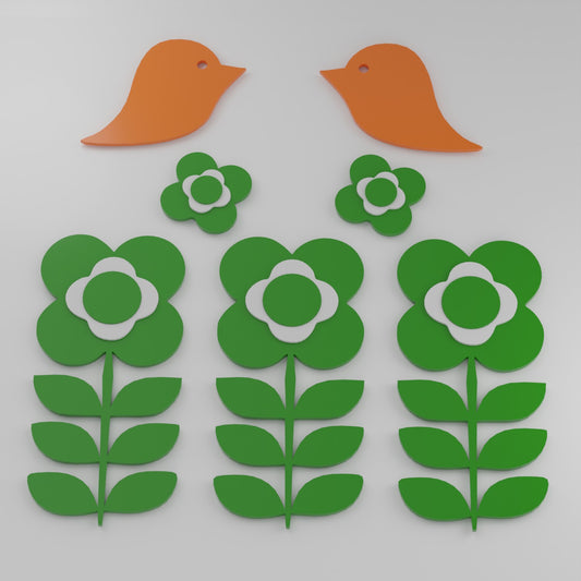 Retro 1970s Inspired Flower Power Bird Wall Decor Set