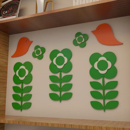 Retro 1970s Inspired Flower Power Bird Wall Decor Set