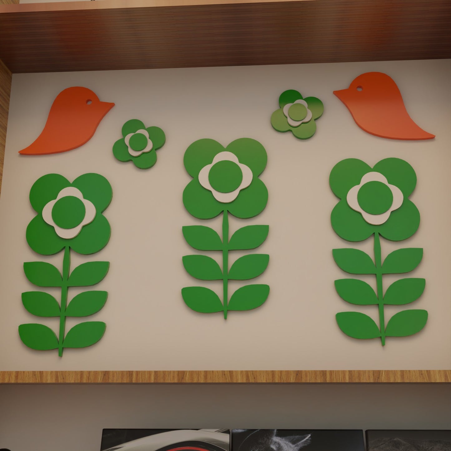 Retro 1970s Inspired Flower Power Bird Wall Decor Set