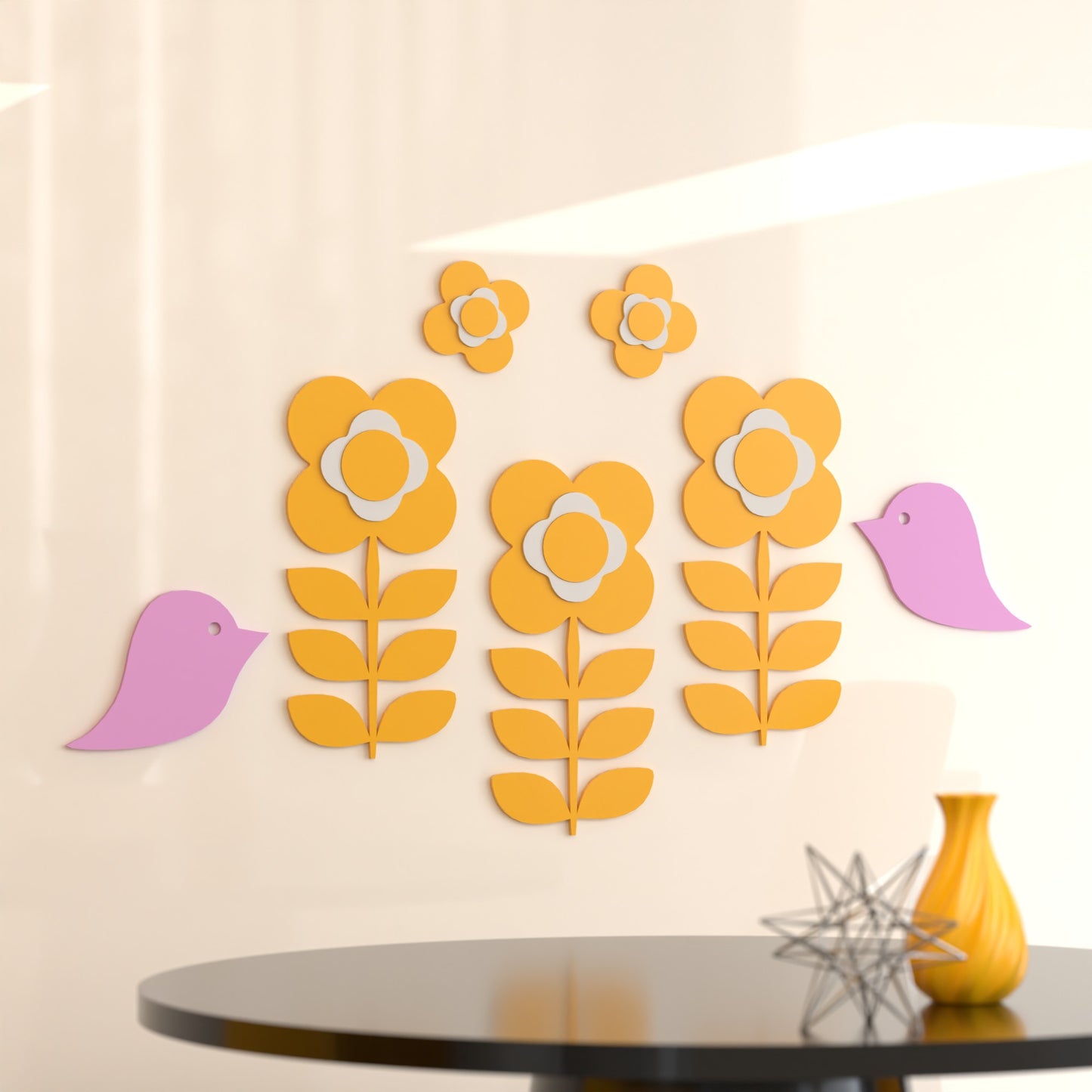 Retro 1970s Inspired Flower Power Bird Wall Decor Set