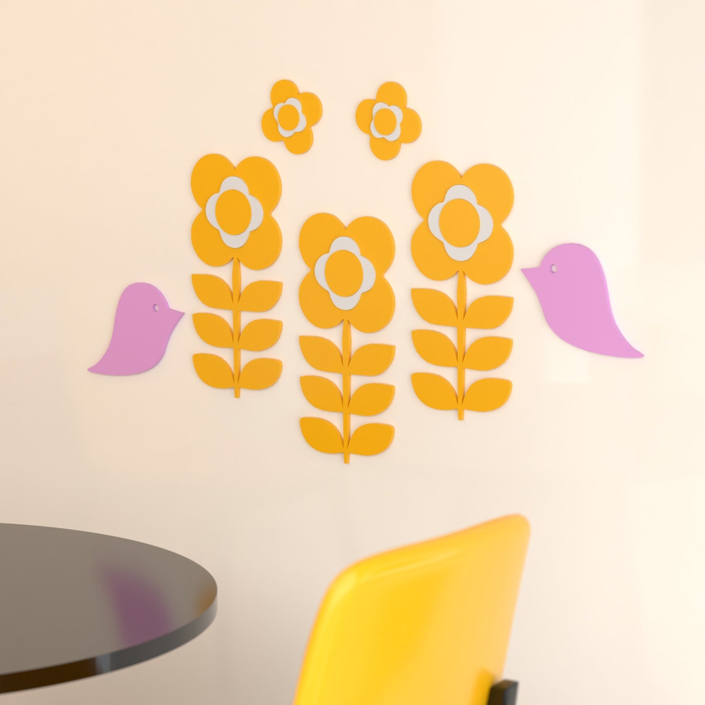 Retro 1970s Inspired Flower Power Bird Wall Decor Set