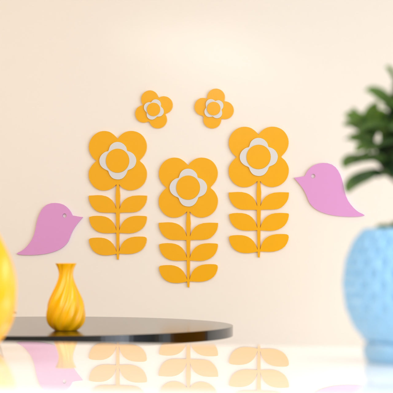 Retro 1970s Inspired Flower Power Bird Wall Decor Set