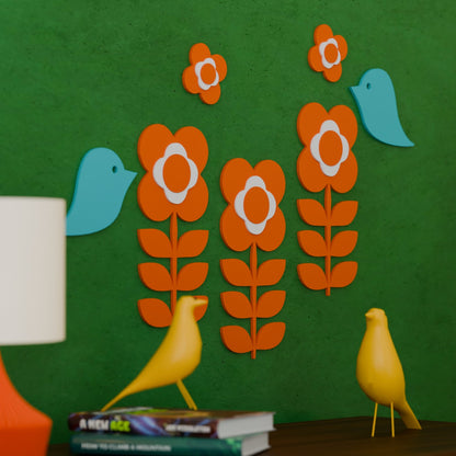 Retro 1970s Inspired Flower Power Bird Wall Decor Set