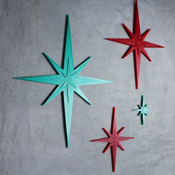 Midcentury Modern Holiday Sparkle Starbursts Wall Decor (4 Pack - Green Sparkle/Red Sparkle)